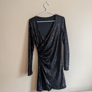 Black Sequin Wrap-Style Long Sleeve Dress
